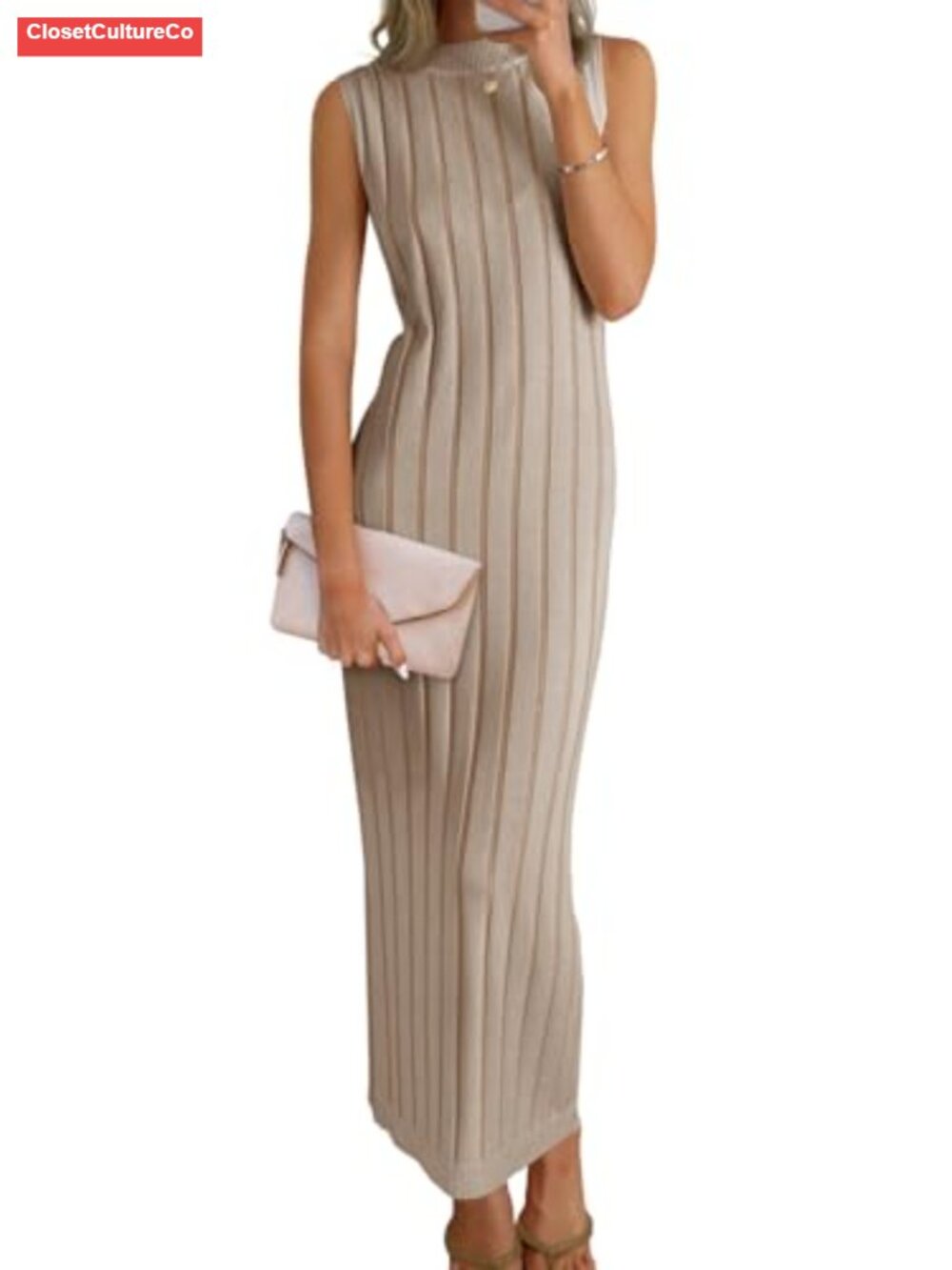 Womens Sleeveless Ribbed Knit Mock Neck Maxi Dress A-Line